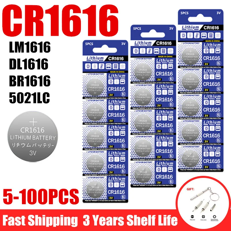 5-100PCS CR1616 Button Coin Cell LM1616 DL1616 BR1616 5021LC 1616 3V Lithium Battery For Watch Remote Calculator Scale Car Key