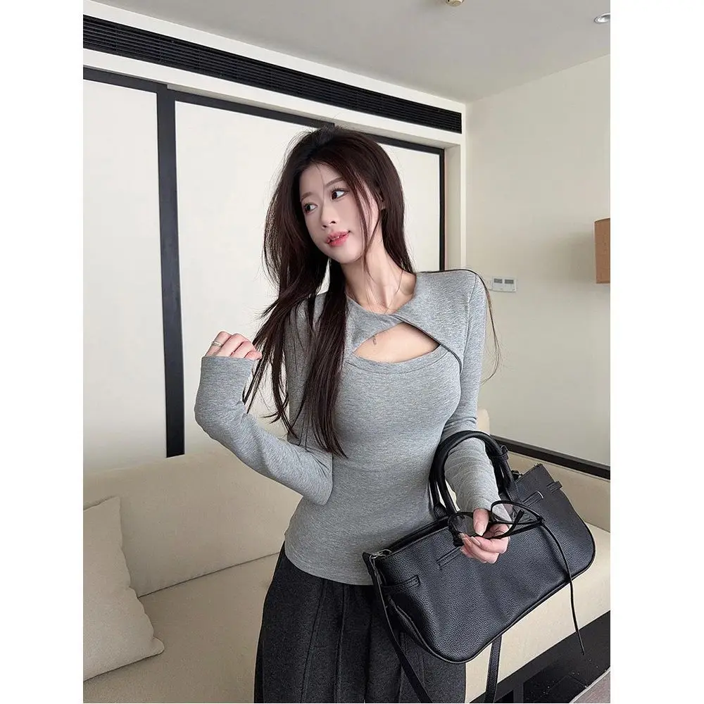 Women's Long Sleeve T-Shirt Design Knot Hollow out Slim Fit Waist Control Winter New Style Base Layer Top V-Neck Cotton Blend