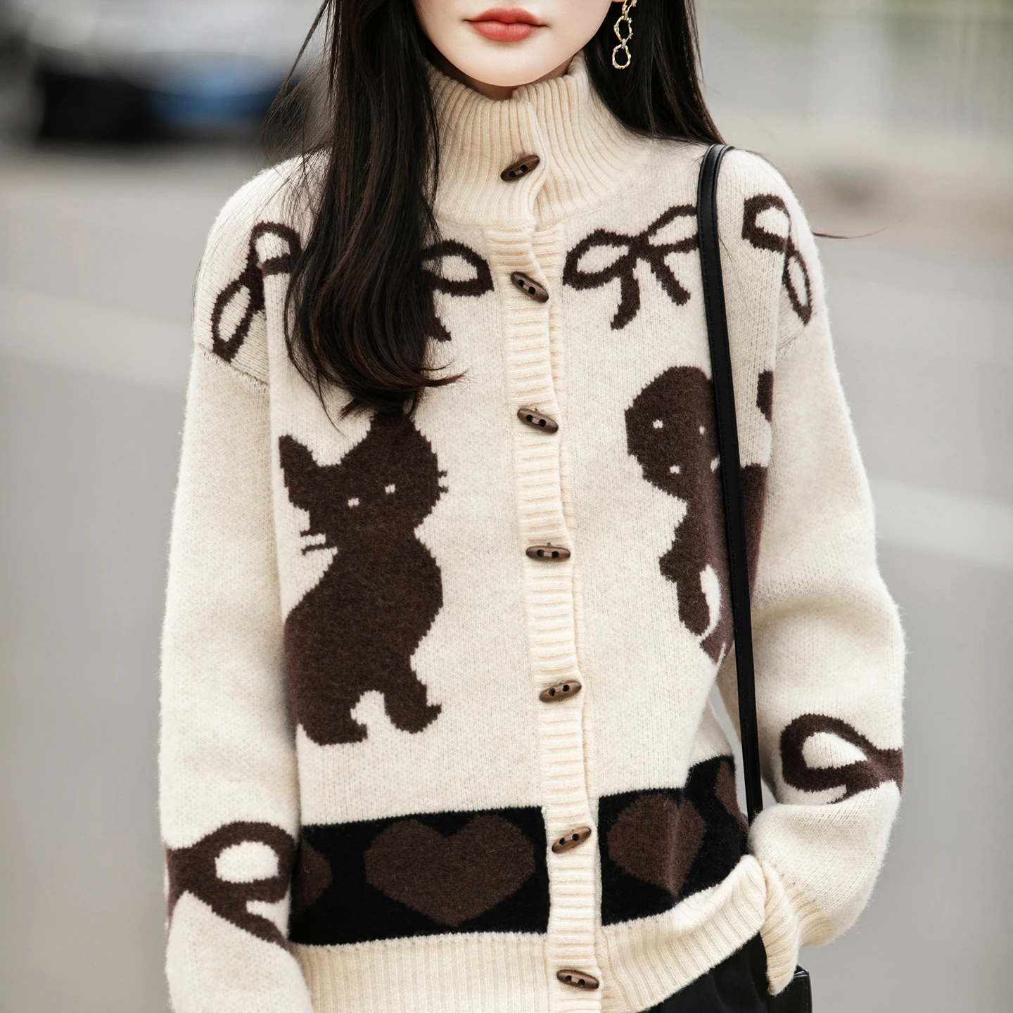 

Осень/зима 100, кардиган из чистой шерсти, толстый свитер, простая жаккардовая вязаная куртка с полувысоким воротником и рогом животных