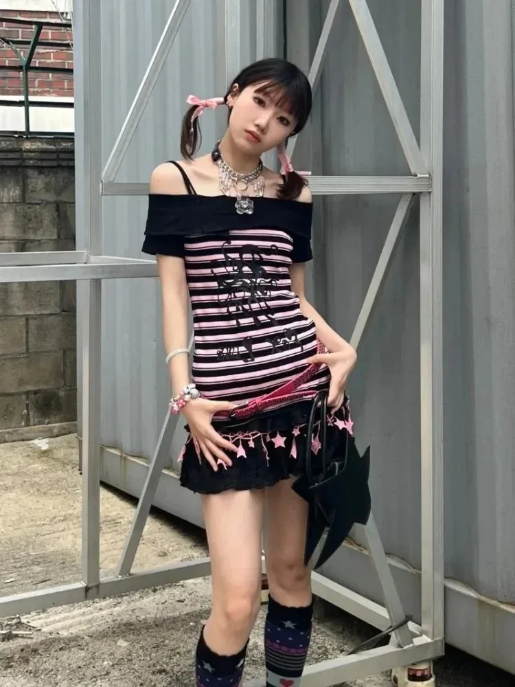 HOUZHOU Y2k Harajuku Striped T Shirts Women Japanese Fashion Gothic Streetwear One Shoulder Slim Tees Top Soft Gril Summer 2023