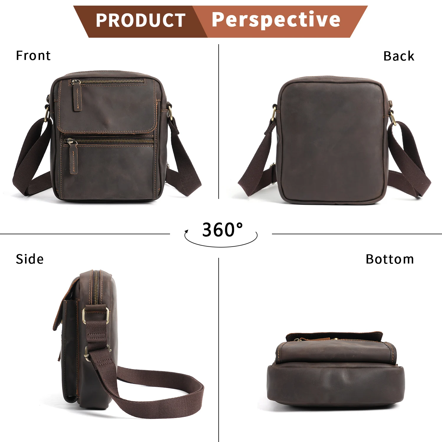 YATBEST Men's Crossbody Bag Large Capacity Multi Pocket Leather Single Shoulder Crossbody Bag Commuter Retro Travel Bag