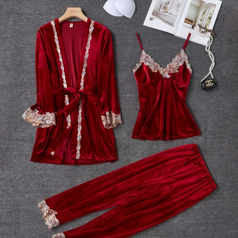 New Velour Pajama Suit Women 3PCS Robe Nightgown Set Sleepwear Lady Winter Velvet Warm Lace Folwer Kimono Bathrobe Gown 2025 - Image 3