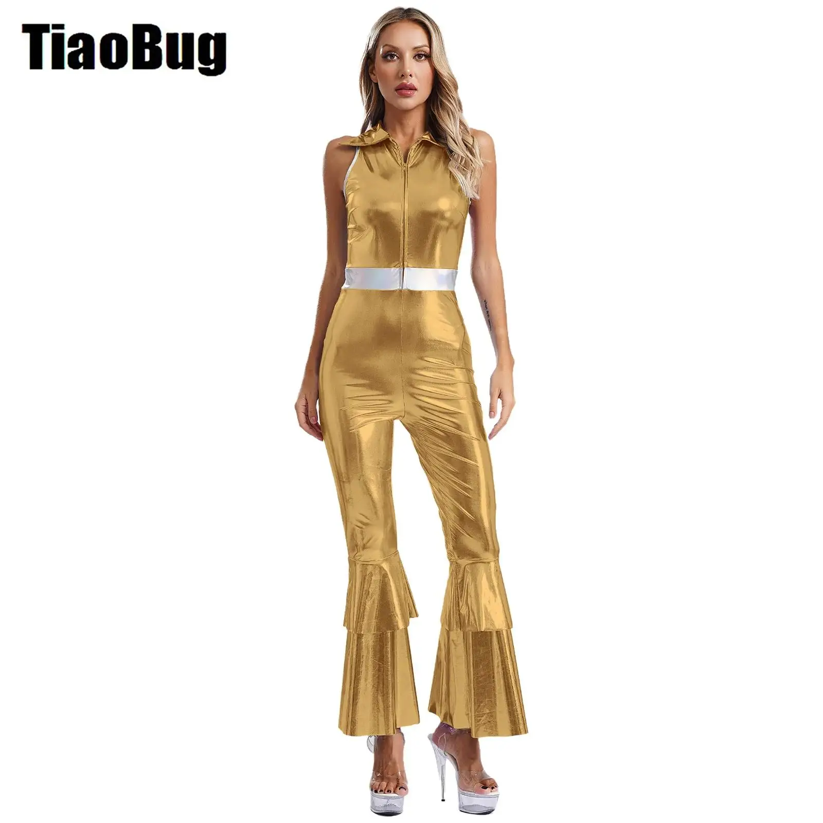 

Women 70s Disco Jumpsuit Shiny Metallic Costume Lapel Collar Sleeveless High Waist Flared Jumpsuit Disco Dance Singer Costume