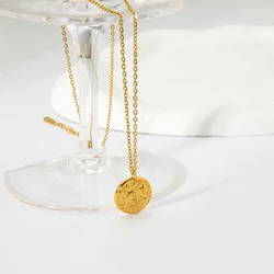 Vintage Coin Pendant Necklace 18K Gold Plated Stainless Steel Embossed Moon Design Engraved Stackable Chain Collar Necklace