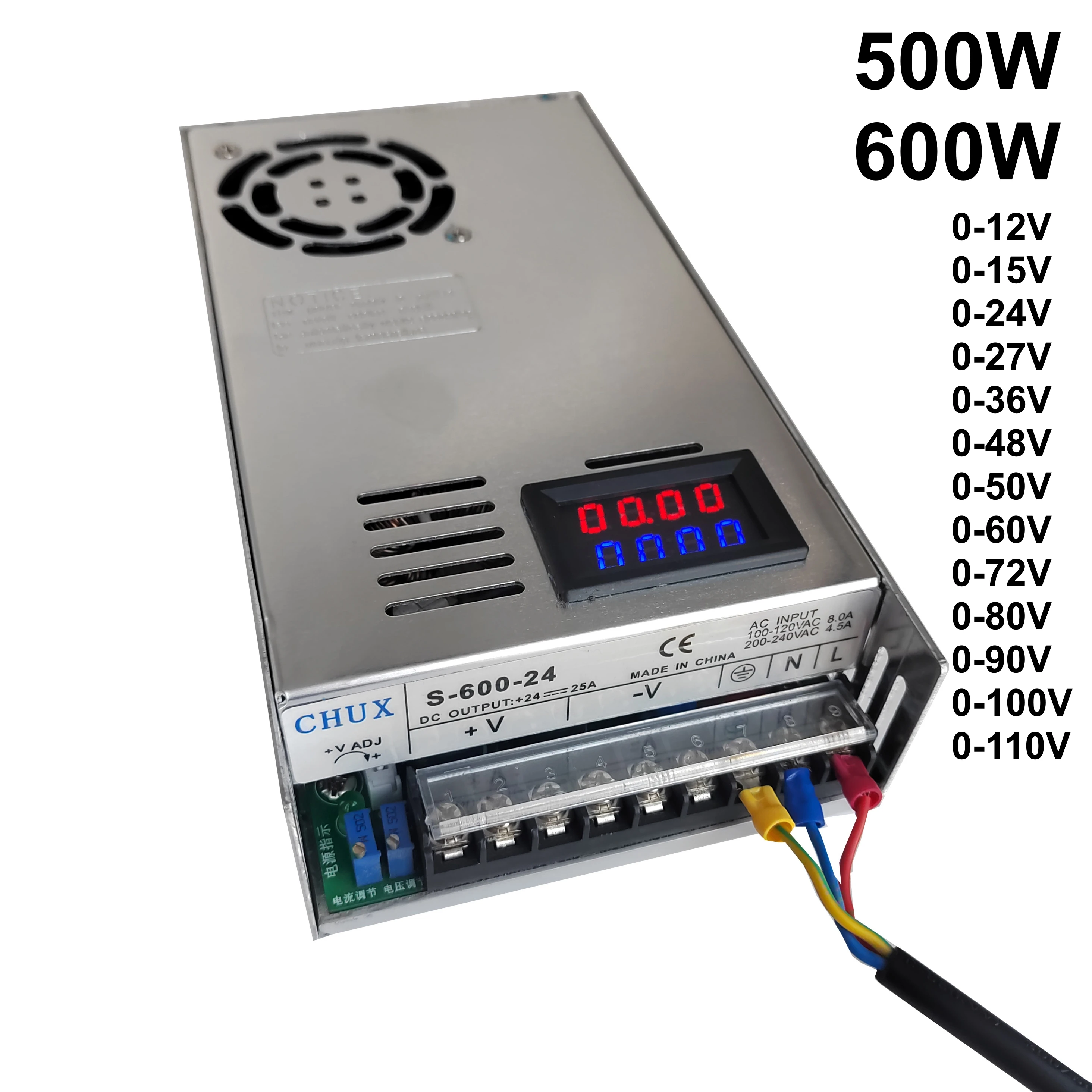 CHUX  500W 600W Adjustable DC Switching Power Supply 12v 15v 24v 27v 36v 48v 50v 60v 72v 80v 90v 100v 110v DC LED Display SMPS