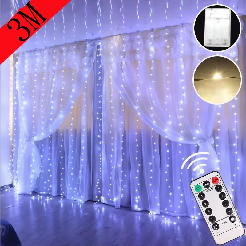 Width 3M LED Garland Curtain Lights 8 Mode  Remote Control Fairy Light String Wedding Christmas Decor for Home Ramadan Festival