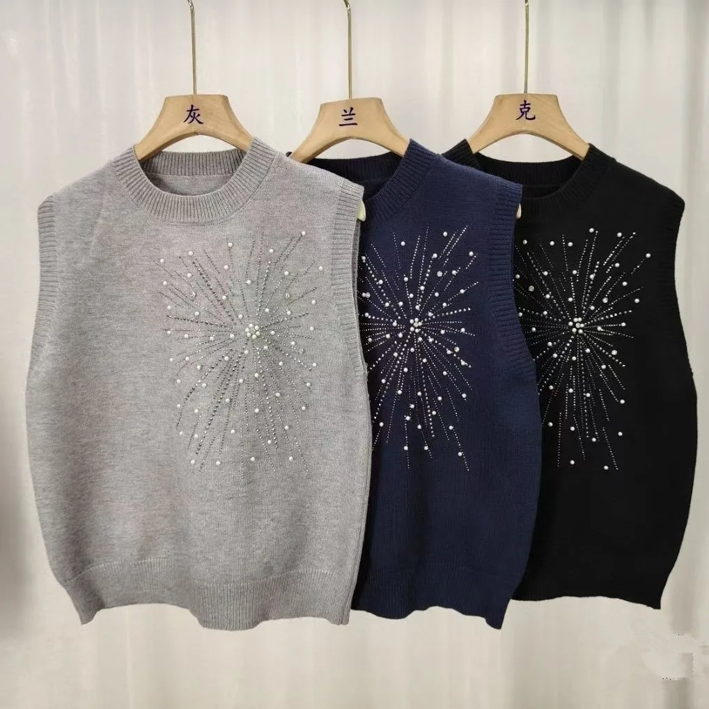 

Korean Style Bling Beading O-neck Knitted Vest 2025 Spring Autumn Sleeveless Knit Sweater Female All-match Short Waistcoat