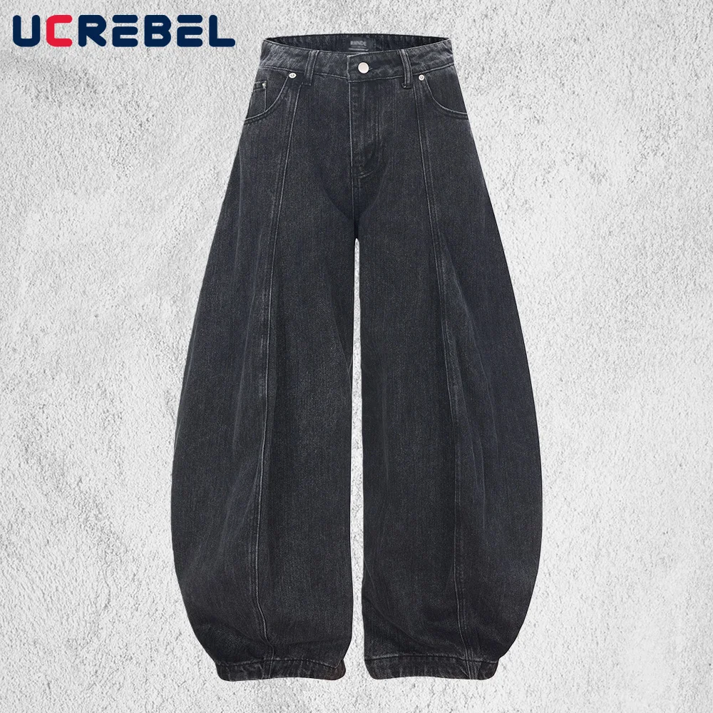 Jeans a banana pieghettati effetto lavato Tasca da uomo Retro Streetwear Pantaloni larghi in denim a gamba larga da uomo