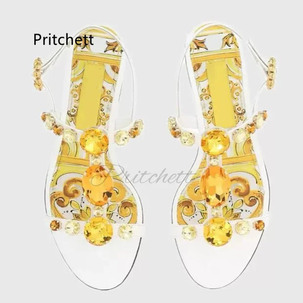 Bohemian Rhinestone Jewels Flats Sandals for Women Yellow Prints Buckle Strap Luxury Design Comfortable Beach Vacation Shoes