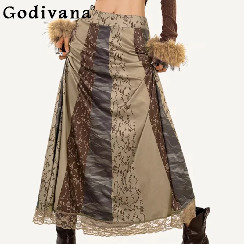 

Новая весенняя коллекция 2026: Женская длинная юбка с высокой талией, ретро-принтом и кружевом, модная, универсальная, с эффектом потертости, А-силуэт, для уличного стиля, сексуальная и стильная.