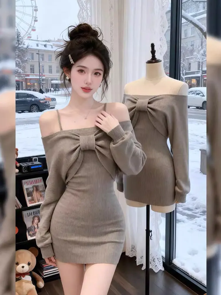 

Ele Knitted One-oulder Knot Dr Women's Size Svel Wrap around ort Skirt French Sle Soft Fabric