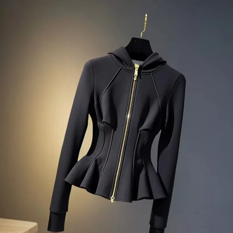Cappotto con cappuccio con zip sportiva nera moda americana abbigliamento donna 2025 nuova giacca casual a vita sottile primavera autunno donna Harajuku