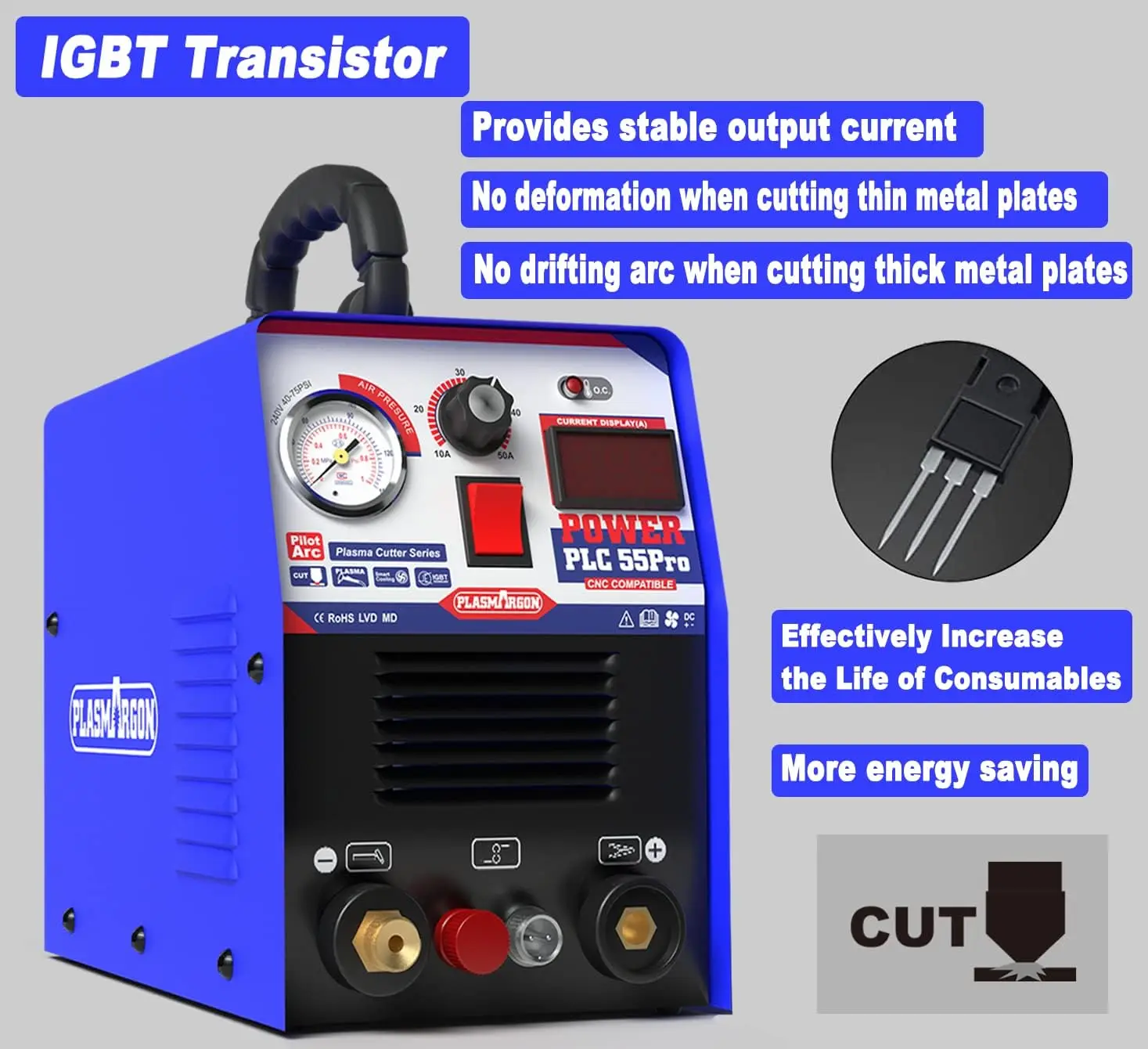 PLASMARGO Pilot Arc Plasma Cutter IGBT 220V Single Phase CNC Plasma Cutting Machine PLC55PRO 55Amp 14mm Cut  Steel All Metal