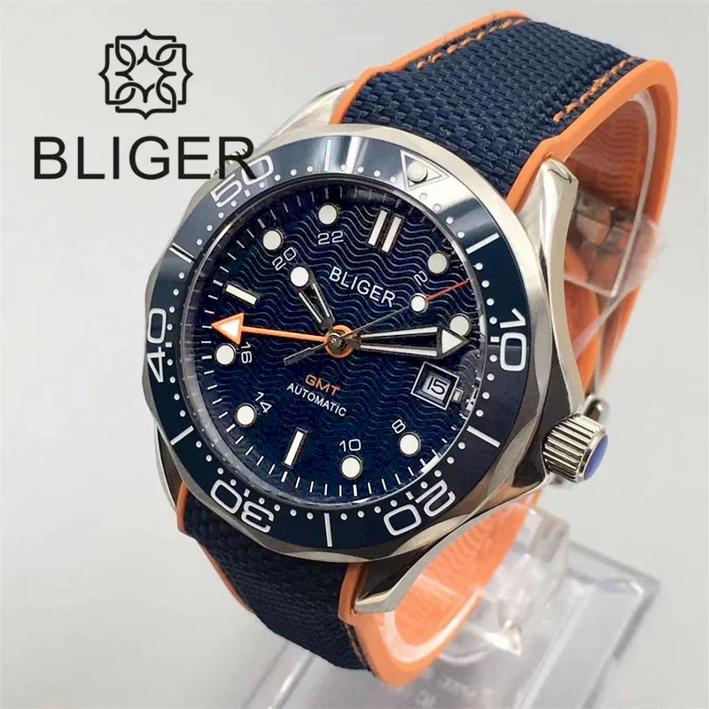 BLIGER 41mm Men's Mechanical Watch NH34 GMT Blue Ceramic Bezel Black White Blue Wave Dial Green Lume Sapphire Glass Rubber Strap