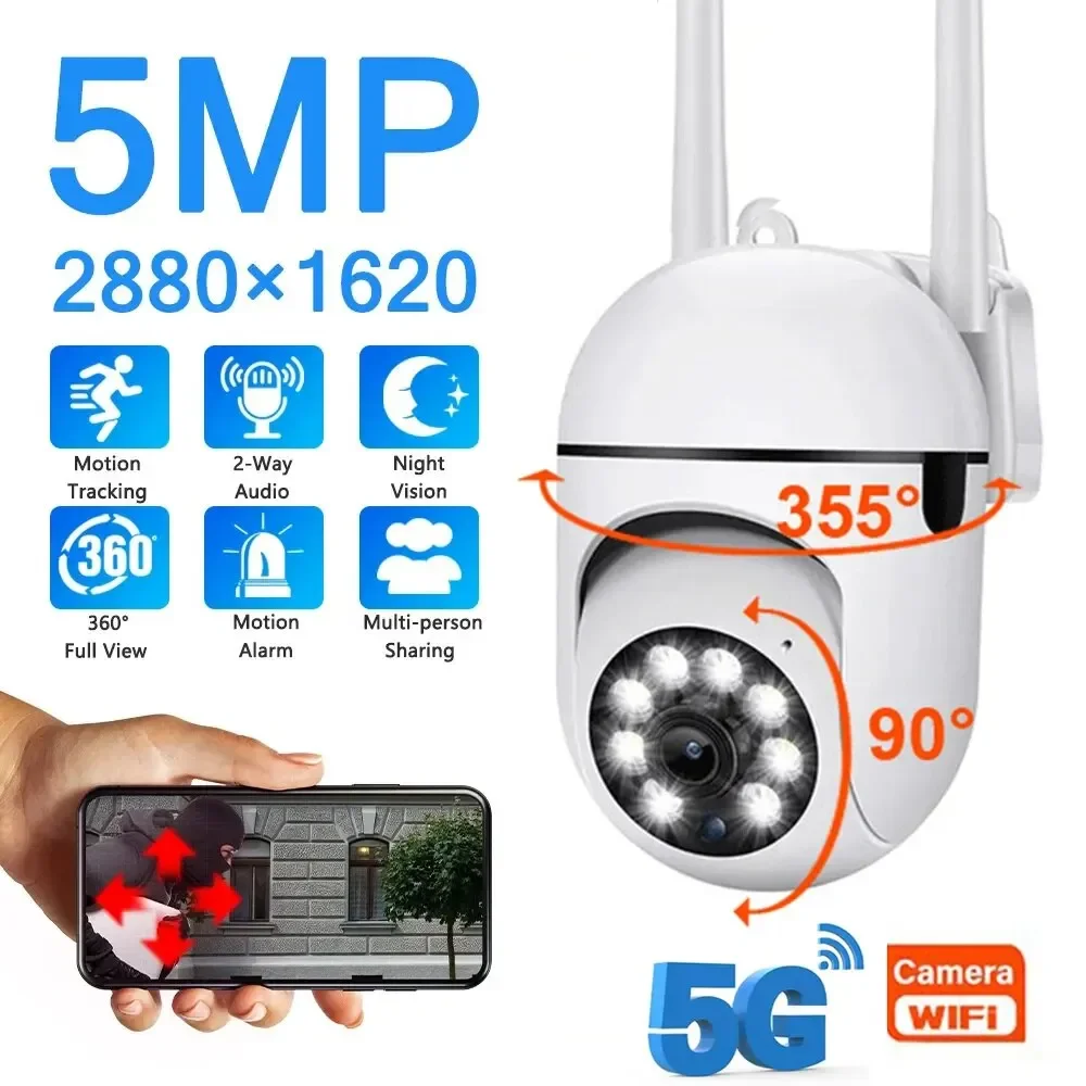 5G Wi-Fi Dual Band Smart Home Security Camera, 5MP High Definition 360 ° Graden Panoramisch, APP Afstandsbediening