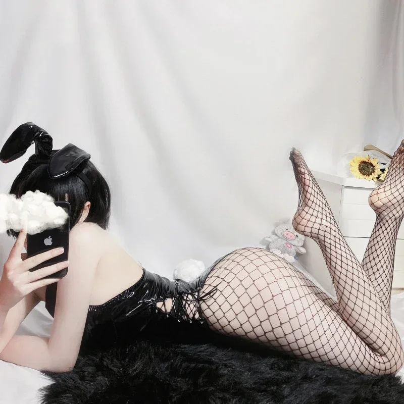 섹시한 토끼 소녀 코스프레 바디 슈트 사쿠라지마 마이 선배 의상 점프 슈트 가짜 가죽 여성 란제리 토끼 의상