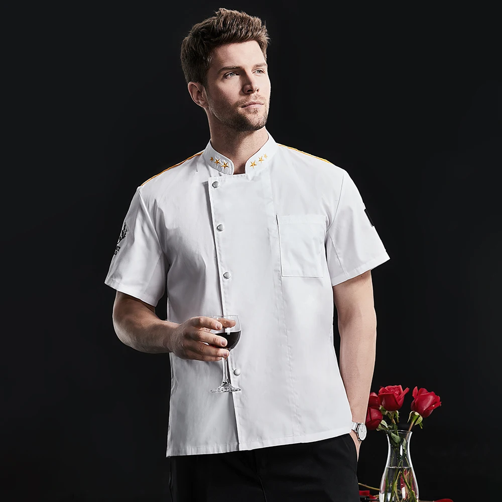 New Jacket Men Short Sleeve Kitchen Uniform Fashion Chef Coat Abrasion Resistant Catering Shirt Bakery Waiter Workwear