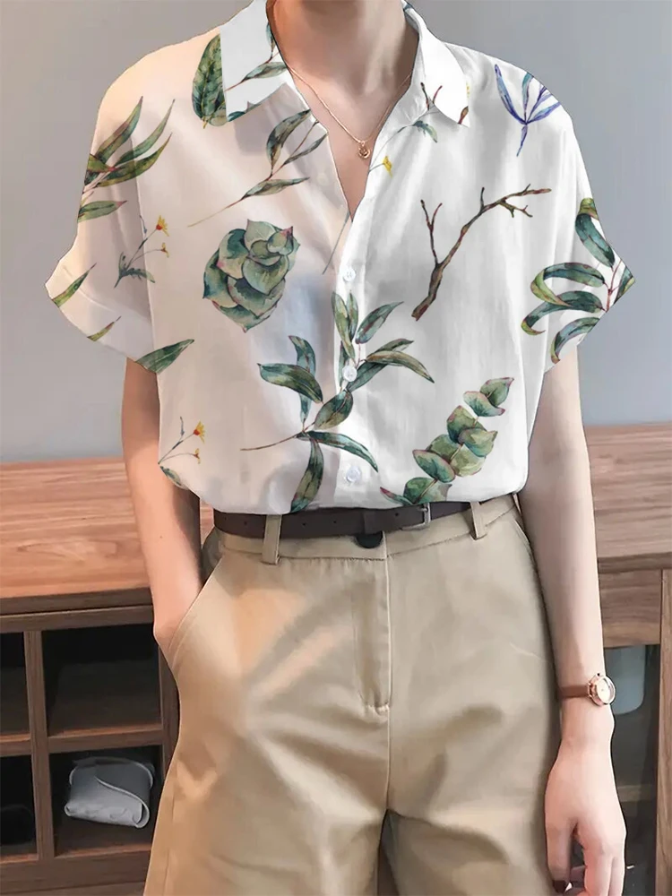 Women\'s Shirt Blouse Elegant Floral Printed Shirt, Short Sleeve Casual Fashion Shirt Neck Fit 2024 Spring And Autumn Top