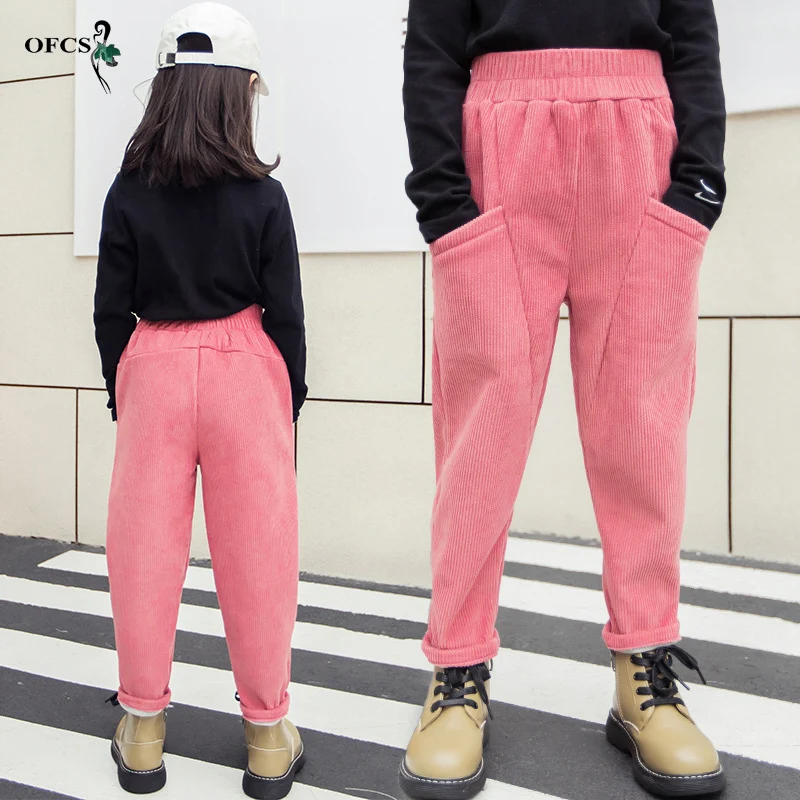 Winter 5-15 Years Old Kids Corduroy Fleece Pants For Girls Solid Casual Sweatpants Soft Children's Clothing Thick Warm Trousers