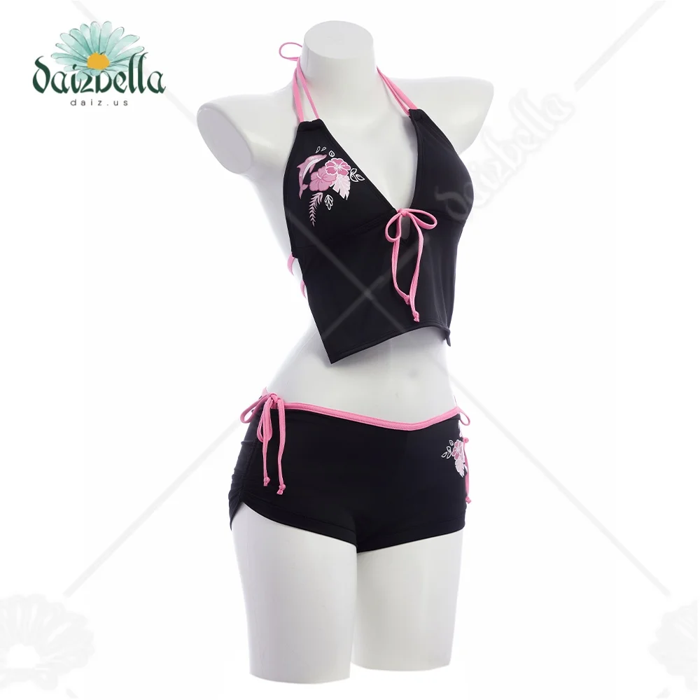 Daizbella Women's Bikini Set Adjustable Spaghetti Straps Y2K Two-Piece Bathing Suit Lace-Up Back Pink Floral Dolphin Print