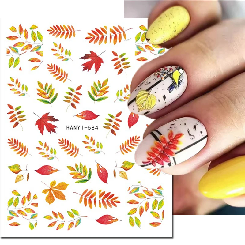 Nail Art 3d Decals Winter Yellow Leaves Fruit Clear Flowers Letters Adhesive Sliders Nail Stickers For Nail Tips Decoration