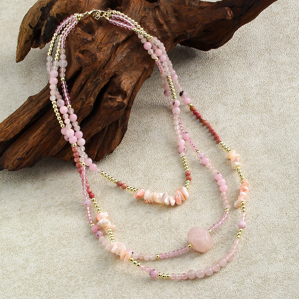 RH Bohemian Elegant Women's Fashion Jewelry Rose Quartz Turquoise Multi-layer Natural Stone Glass Hematite Beaded Necklace