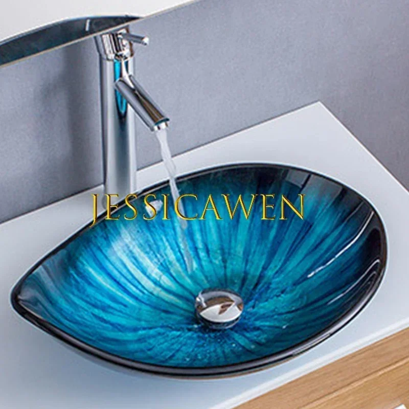 550*380*170mm Tempered Glass Bathroom Sinks Leaf Shape Countertop Art Basin Hotel Luxury Wash Basin with Faucet Drainer Set