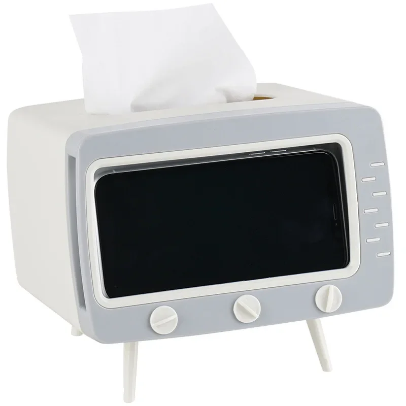 Creative 2 In 1 TV Tissue Box Desktop Paper Holder Dispenser Storage Napkin Case Organizer with Mobile Phone Holder