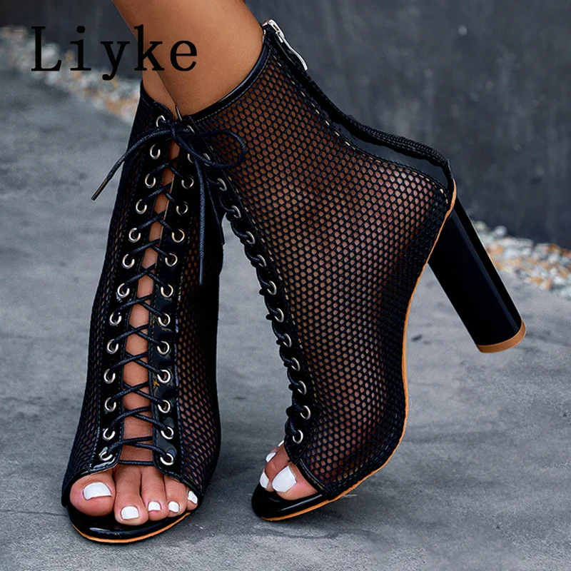 Liyke 2024 Fashion White Basic Ankle Boots Women Transparent High Heels Pumps Sexy Hollow Out Mesh Lace-Up Cross-tied Party Shoe