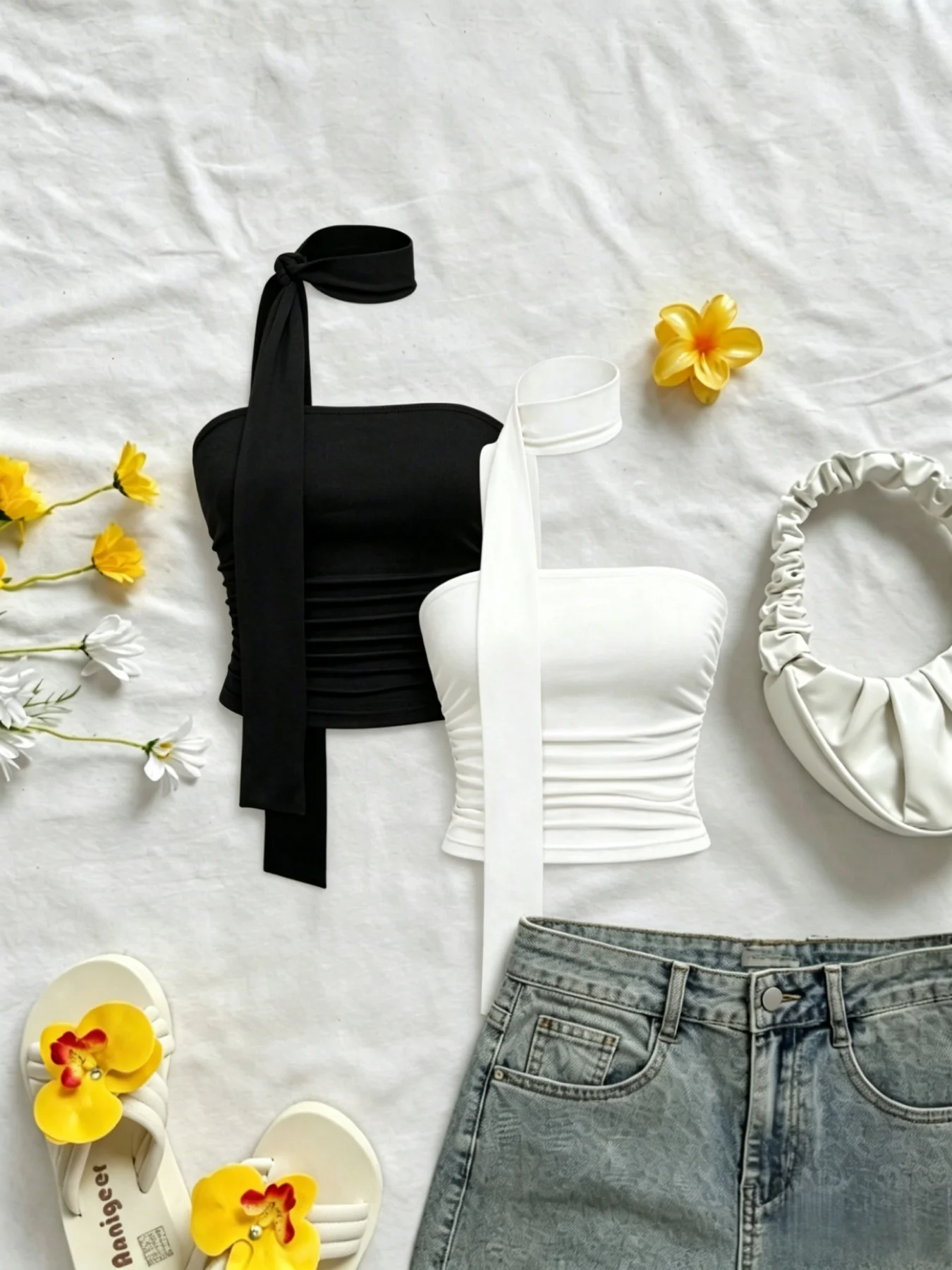 2 Pack Multi-color Women One Side Long Tie Halter Bandeau Top Side Ruched Slim Fit Cropped Sleeveless Cami Top 2026 Summer Elega