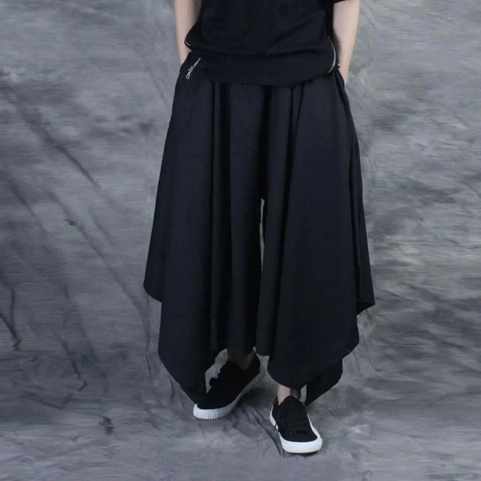 Idopy Korean Men Pants Punk Gothic Party Skirt Black Stage Performance Steampunk Irregular Cosplay Victorian Trousers Streetwear