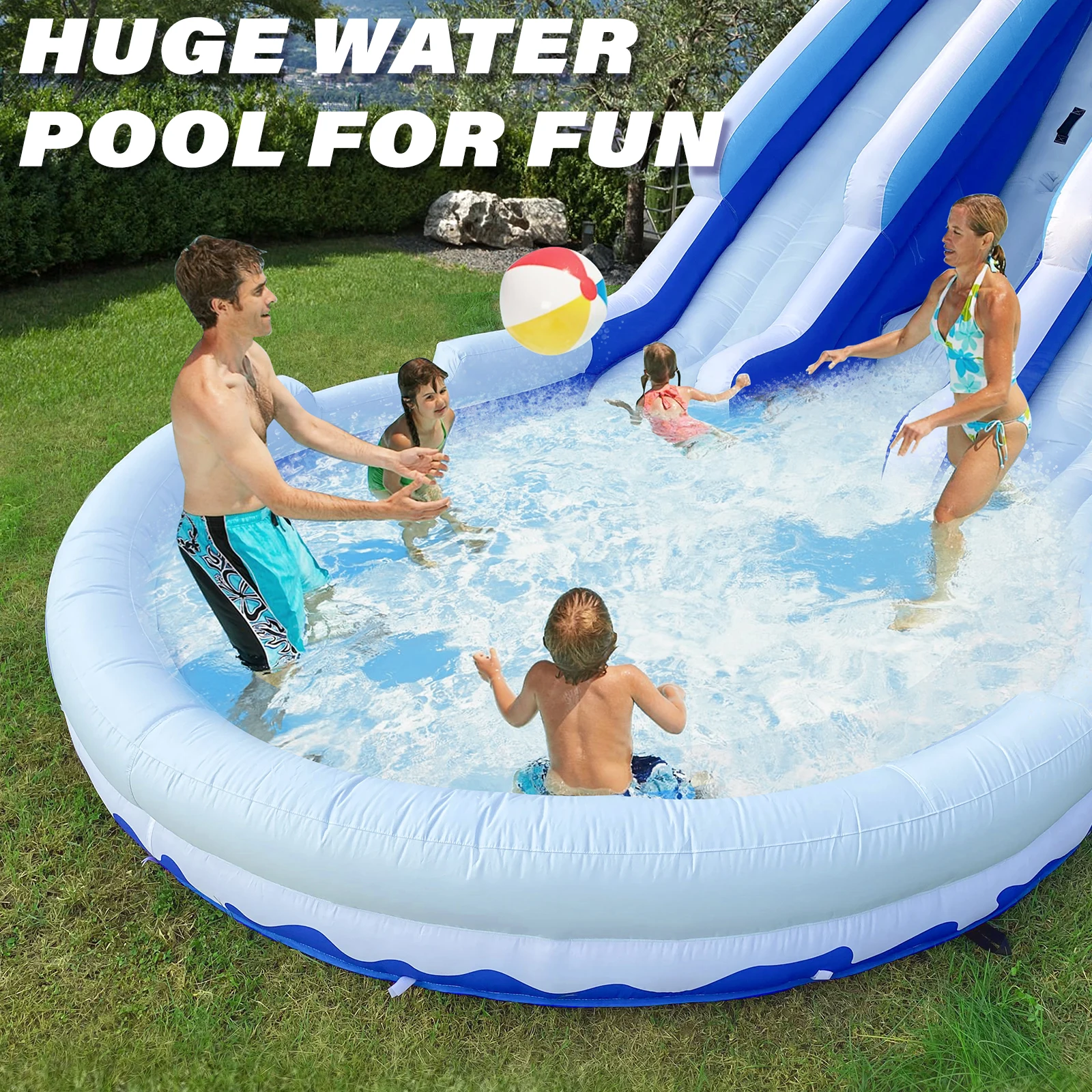 6,3-metrowa niebiesko-biała dmuchana zjeżdżalnia wodna Safari z basenem, plac zabaw, zewnętrzna zabawa wodna na lato, komercyjny sprzęt do wynajęcia