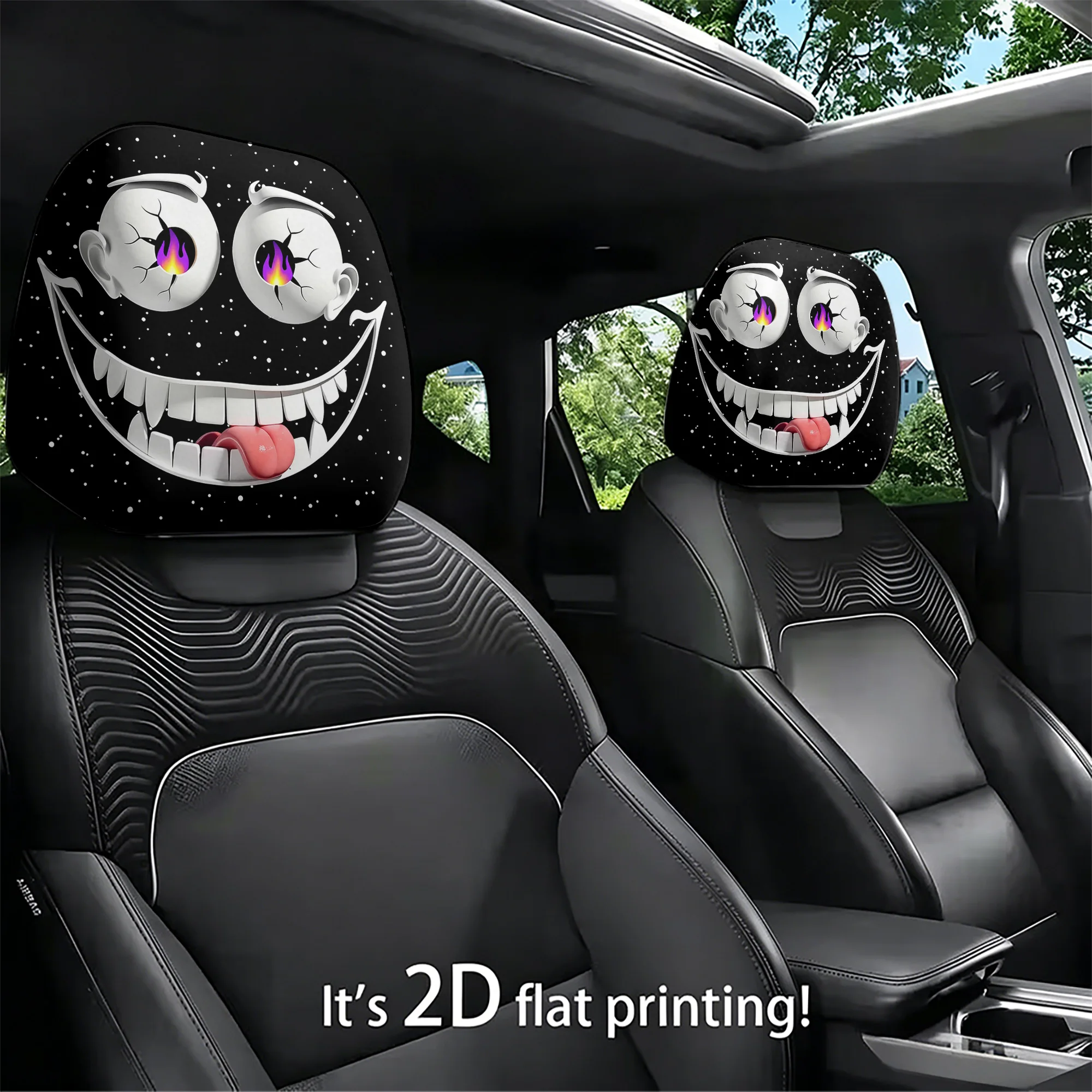 2pcs creative flame-eyed monster car headrest covers to bring a fun and bold visual effect to your car’s interior. Does not incl