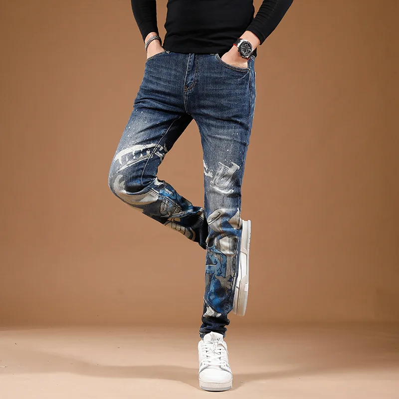 

2024 new fashion printed personalized jeans for men's street slim fit elastic feet high end trendy denim pants