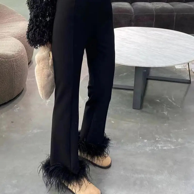 

New Fashion Designer Streetwear Ostrich Feather Decorative Straight Wide Leg Pants Feather Straight Pants S3689