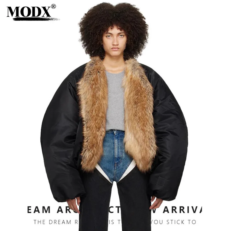 [MODX]  American Hot  Fashionable Loose Silhouette Thickened Warm Versatile Black Cotton Jacket Eco Friendly Fur Coat