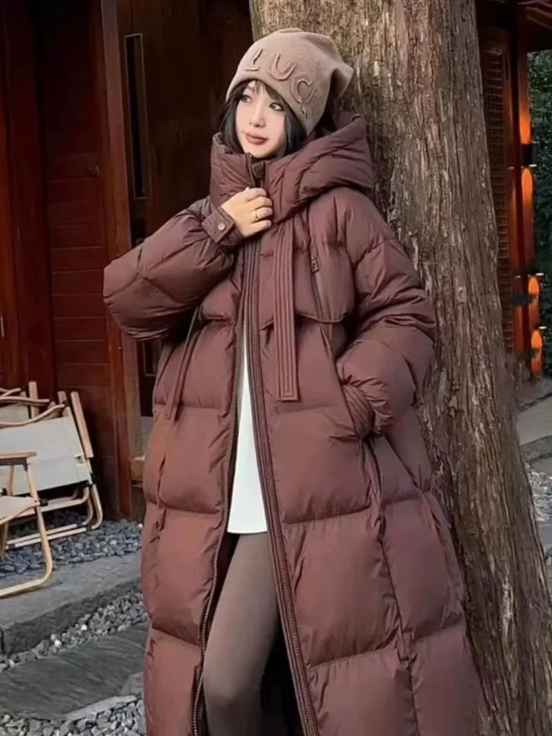 Down jacket women's high-end hooded thick streamer long down jacket large quilt over the knee casual women's coat