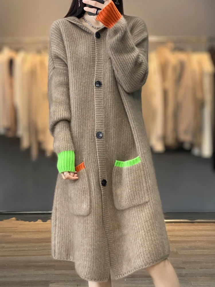 

Fashion Autumn Winter Women Sweater 100% Merino Wool Female Knitted Cardigan Hooded Long Sleeve Clothing Tops Cashmere Outerwear