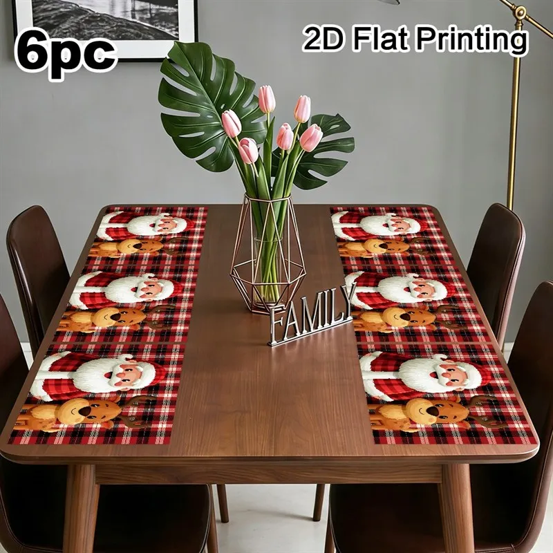 VIKAMA Christmas Linen Placemats, Buffalo Plaid Santa Reindeer, Machine Washable Heat Resistant, Dining Room