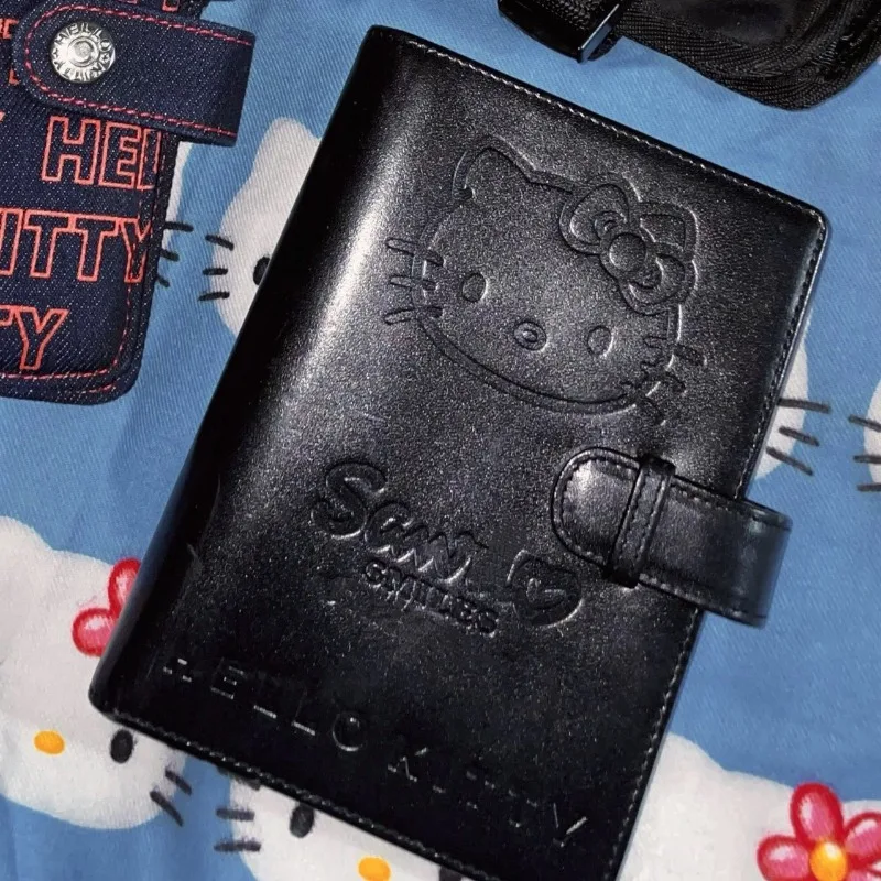 Kawaii Kitty A7 Retro Small Notebook - Black Faux Leather Binder, Portable Diary Set with Card Holder, 40 Pcs Blank Pages