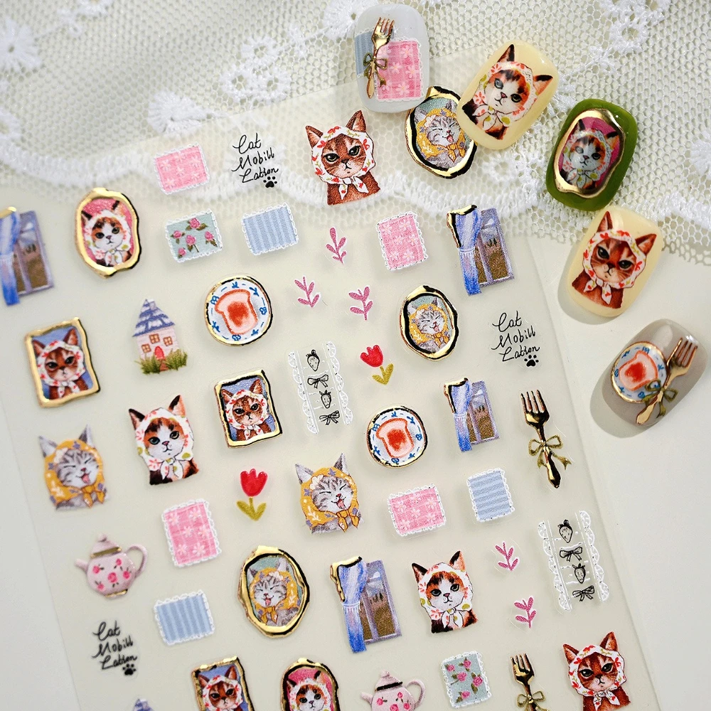 

Country Style Cute Headscarf Cat Lace Handkerchief Teapot Fork 3D Self Adhesive Nail Art Stickers Gold Stamped Manicure Decals