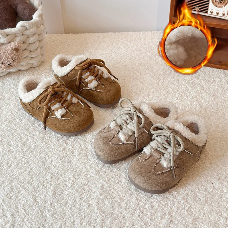 2026 Winter New Girls Casual Cotton Shoes Vintage Fleece Lined Toddler Girls Soft Sole Snow Boots Warm Anti Slip Winter Footwear