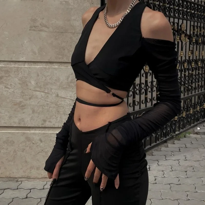 

Candyhot Gothic Mesh Sheer Crop Tops Sexy Deep V-neck Off Shoulder T Shirt Y2K Long Sleeve 2024 Streetwear Crossing Bandage Tees