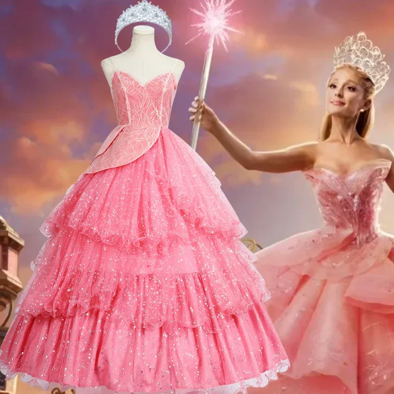 Movie Wicked Glinda Cosplay Costume Uniform Pink Princess Dress Crown Wedding Evening Suits Halloween Carnival Role Play Women