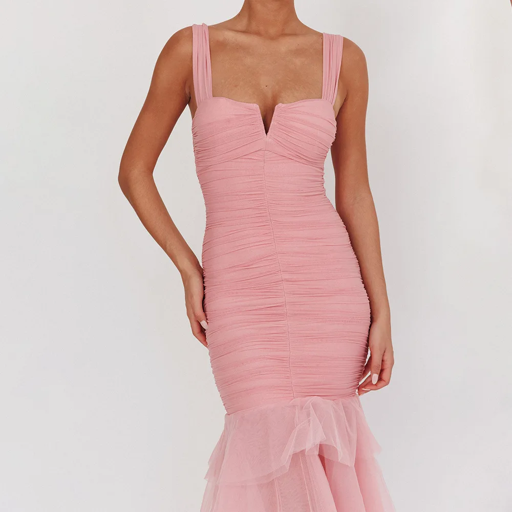 섹시한 스플라이스 맥시 드레스, 스파게티 스트랩, 여성용 몸체를 감싸는 메쉬 롱 드레스, 슬릿이 있는 스플라이스 시폰 맥시 드레스 25벌