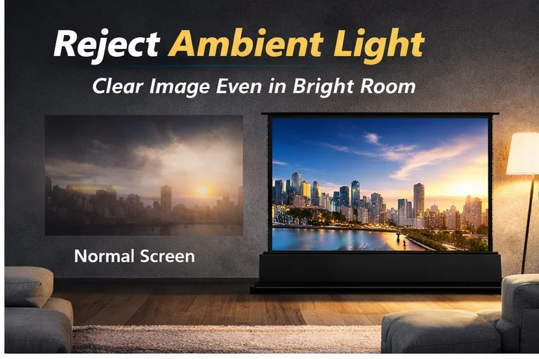 100 Inch PET Motorized Floor Rising ALR Projection Screen Ambient Light Rejecting for Ultra Short Throw Laser Projector Portable