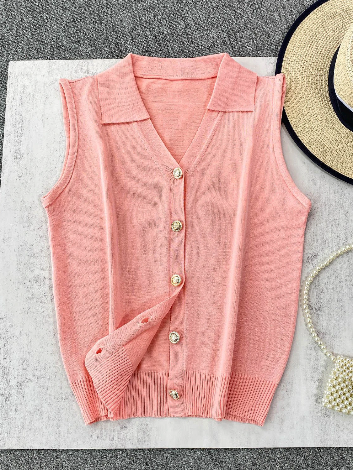 

Pink Knitted Vest V-Ne Loose Fit Single Button Women's Faionable Slimming Top Korean Sle Commute Soft Medium Thi