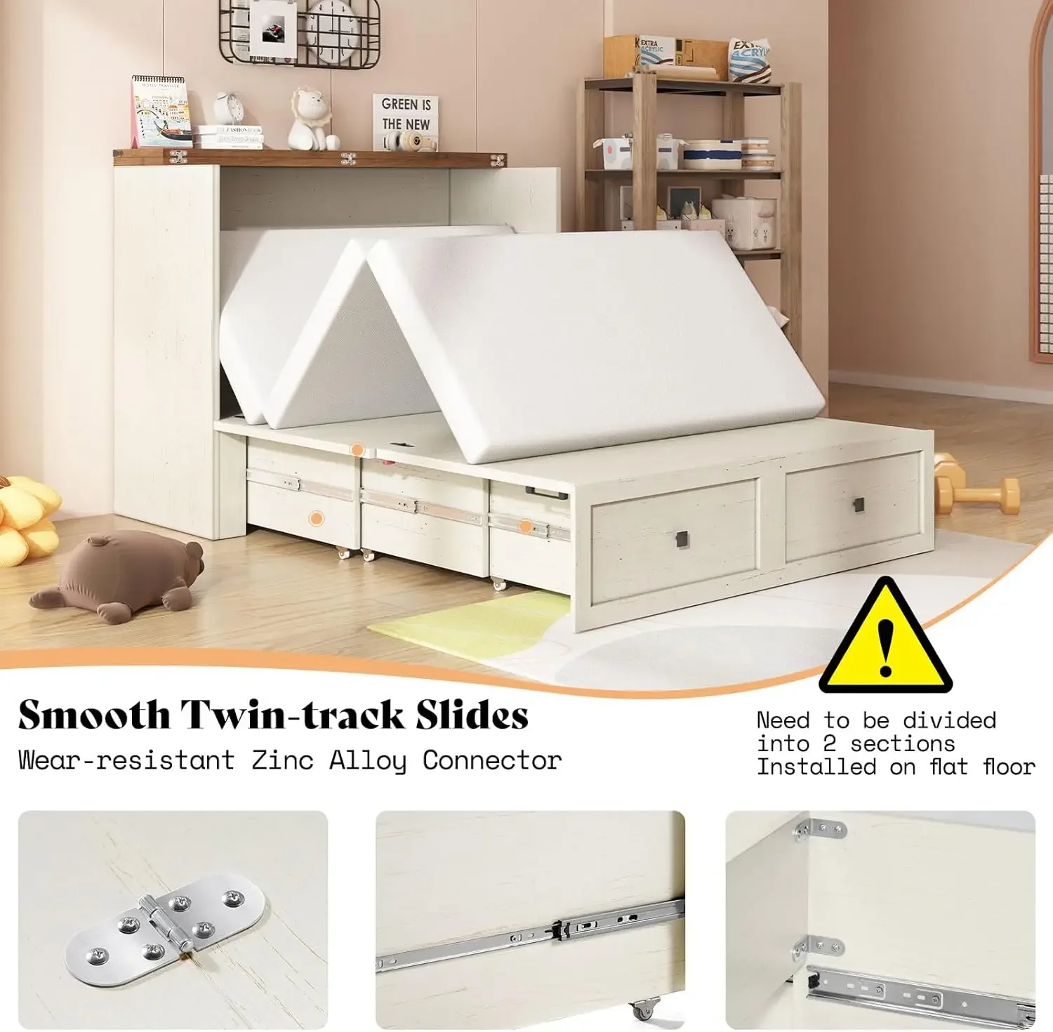 سرير ميرفي على طراز المزرعة مع مساحة تخزين ولوحة قابلة للطي ومحطة شحن لغرفة نوم الضيوف الهادئة