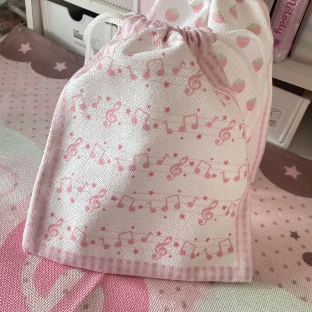 Cute Strawberry Musical Note Drawstring Bag Large Capacity Portable Coin Purse Canvas Cartoon Makeup Storage Pouch