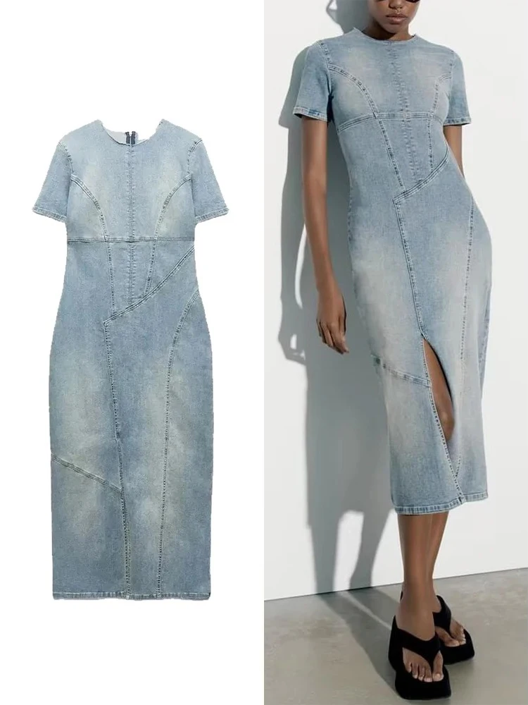 TRAFZA Casual Blue Denim Dress Patchwork Denim O Neck Dress Short Sleeve Slit Elegant Denim Midi Washed Denim Slim Dress